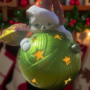 Whimsical Santa Claus cat with Yarn Ball Christmas Ornament Light festive Cute